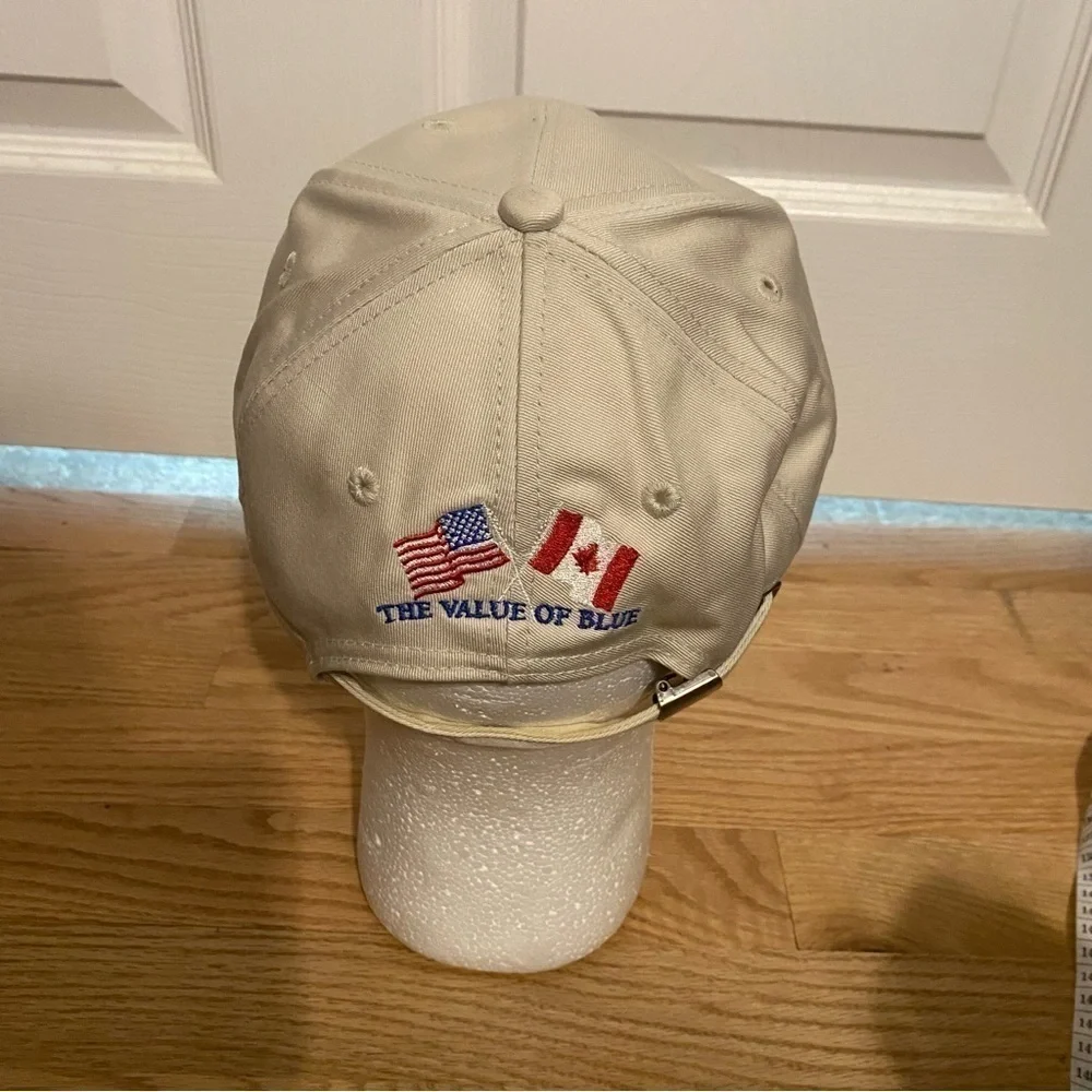 Vintage K Products New Holland Strapback Hat Tan Blue Flag Made in USA